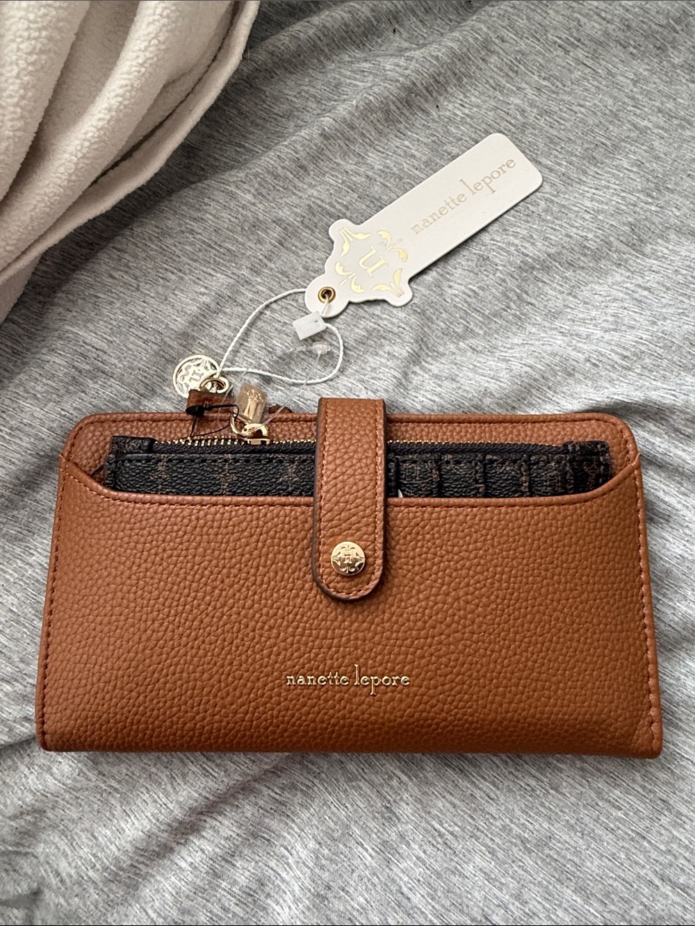 Nanette Lepore Cognac Brown Pebbled Leather Zip Wallet